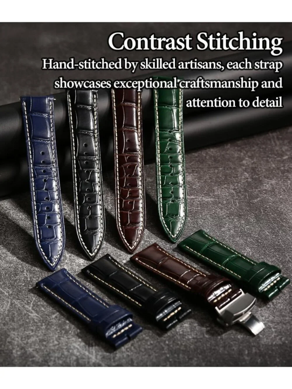 Stylish Leather Watch Band for Men, Quick-Release Alligator Grain Design